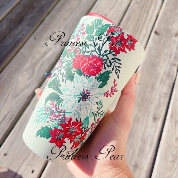 Starbucks 2022&2021  Holiday ‘Mint& Red Poinsettia Ceramic Mug Travel Tumbler’ - Picture 2 of 11